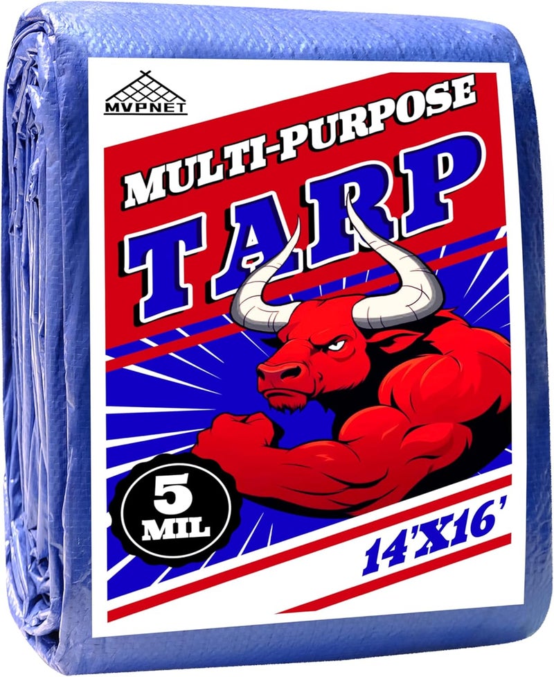 MVPNET Tarp 14x16 ft 100% Waterproof Uv Resistant High Durability Multipurpose 5mil Blue Tarp for Covering Courtyards, Cars, Camping, Gardens, Pet Nests -by - Image 1